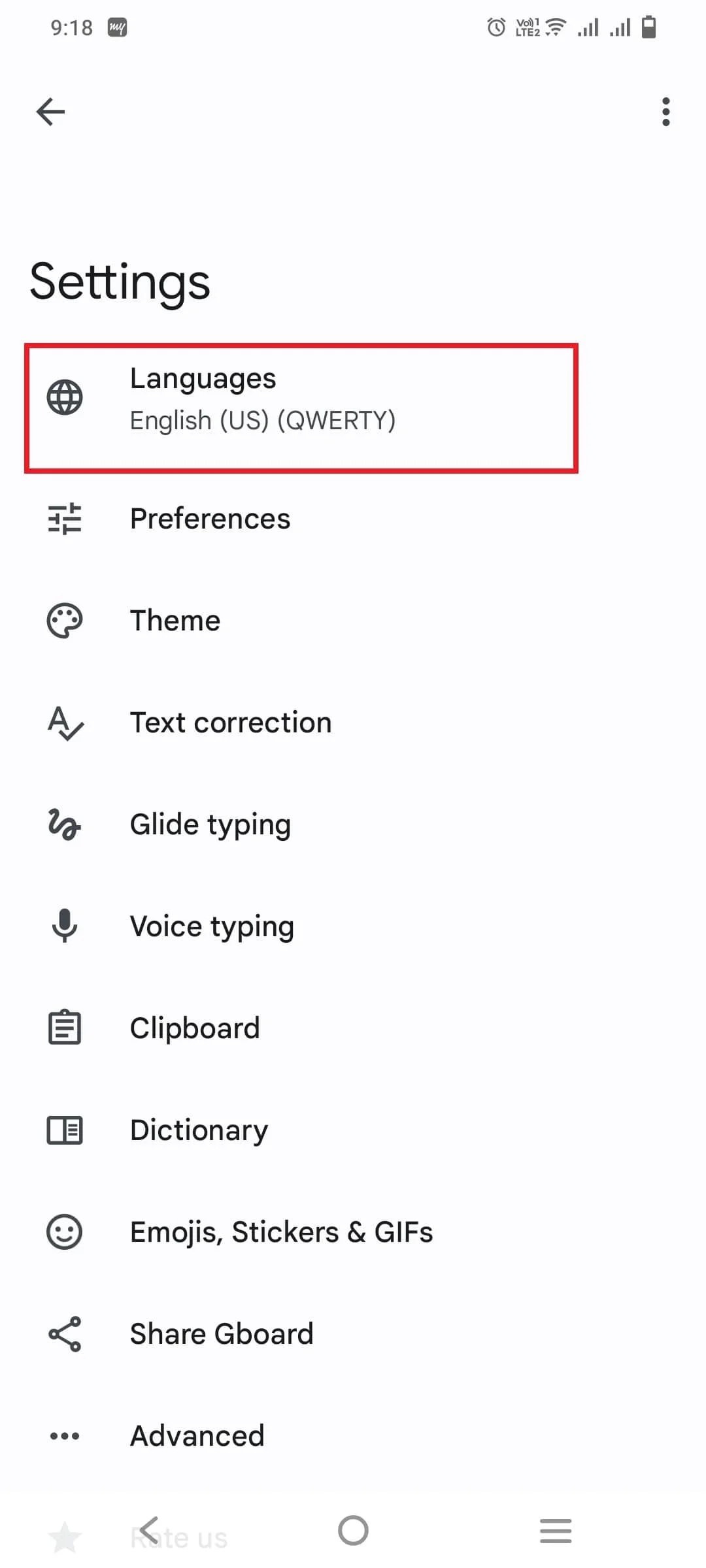 Language setting in Gboard app